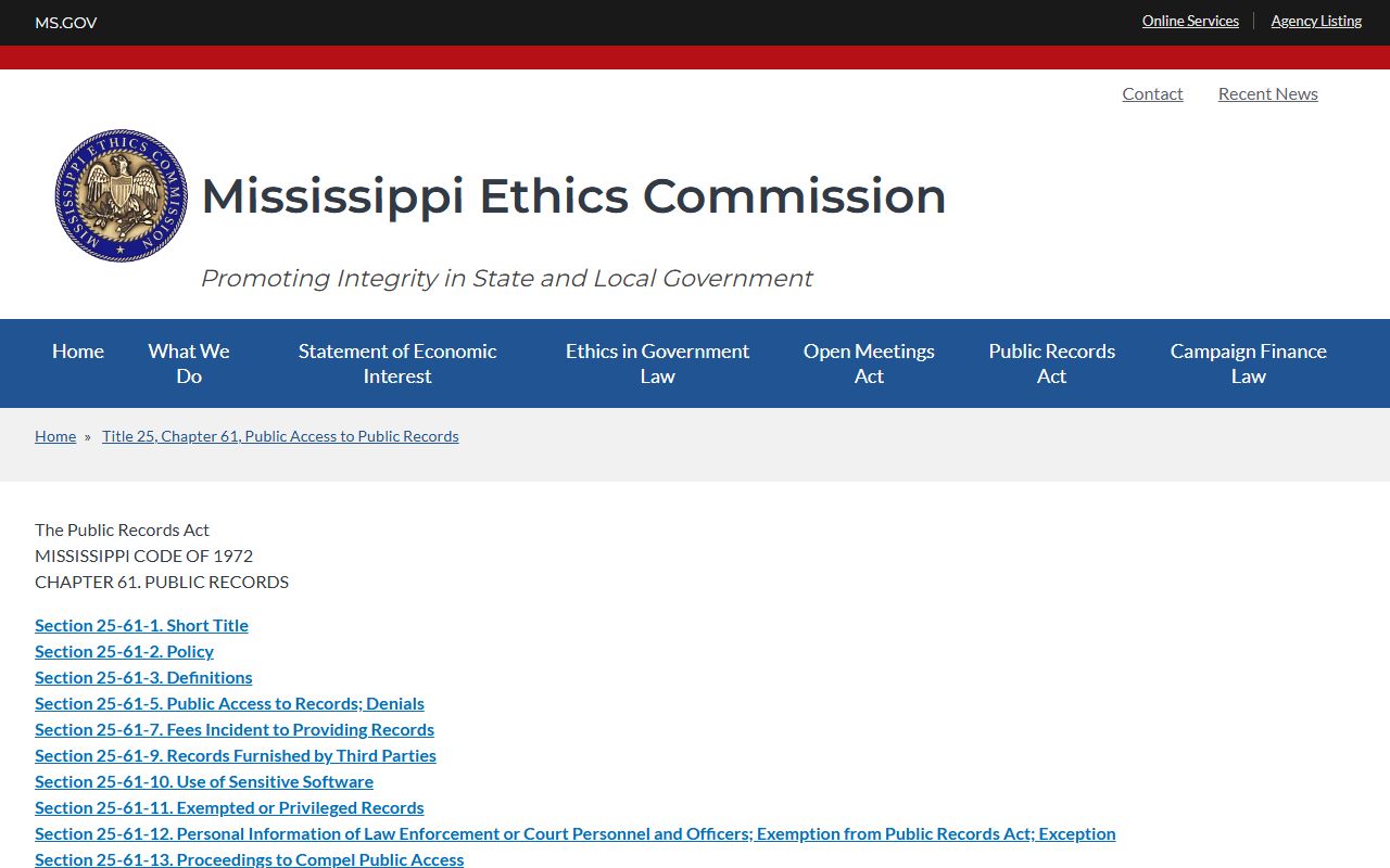 Grenada County jail mugshots public records request under Mississippi Public Records Act